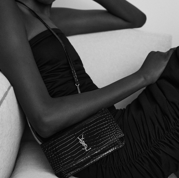 YSL SAINT LAURENT CASSANDRE PHONE HOLDER W/ STRAP IN CROCODILE-EMBOSSED LEATHER - Picture 1 of 16